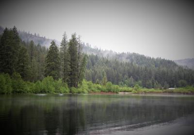 Lake on foggy day